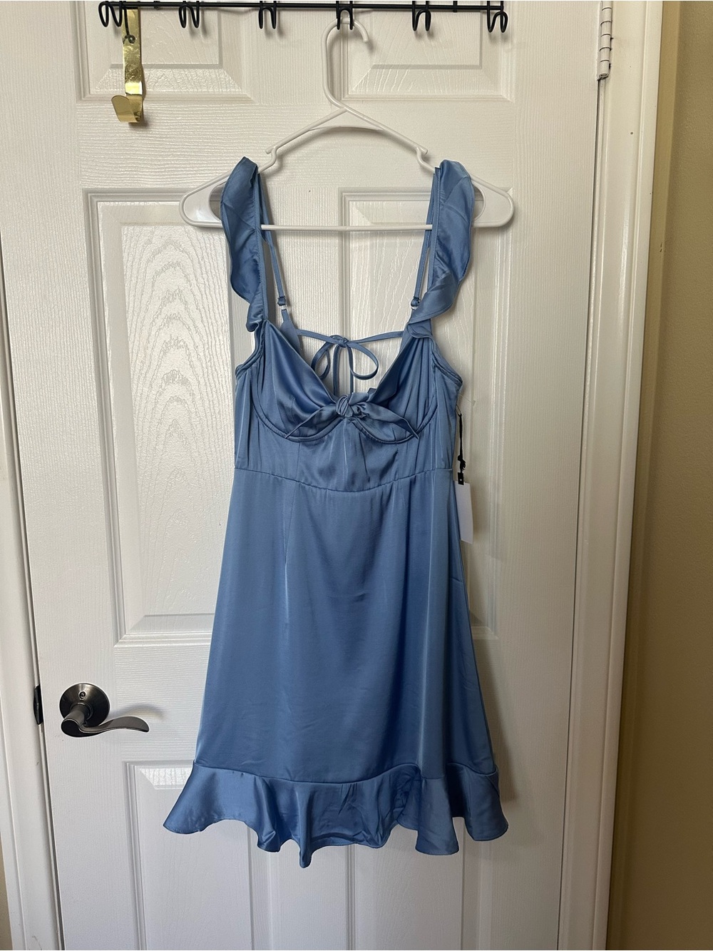 Astr Dusty Blue Ruffle-Trim Satin Mini Dress